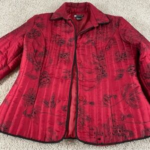 Carole Little Puffer Jacket Small Red Black Floral Boho Asian Chinoiserie R2
